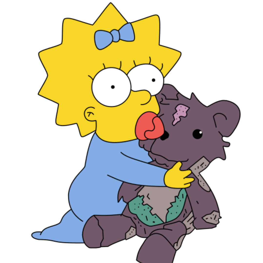 Imagen de Maggie Simpson, el encantador personaje de Los Simpson, vistiendo su característico atuendo de bebé de color celeste y sosteniendo con ternura el oso Bobo en sus manos. El oso Bobo, famoso por ser el juguete perdido del Señor Burns, se ha convertido en un compañero inseparable para Maggie. En esta imagen, se aprecia la dulzura de Maggie mientras abraza al querido oso Bobo, mostrando la conexión especial que tiene con este icónico juguete.