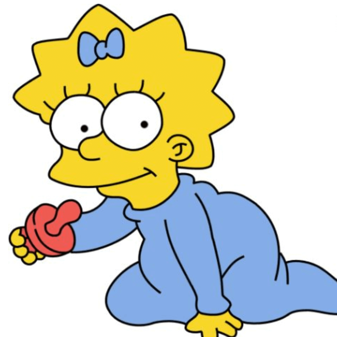 Imagen de Maggie Simpson, el adorable personaje de Los Simpson, se encuentra gateando. En esta imagen, Maggie no tiene el chupete en la boca como es característico, sino que lo sostiene en una de sus manos.