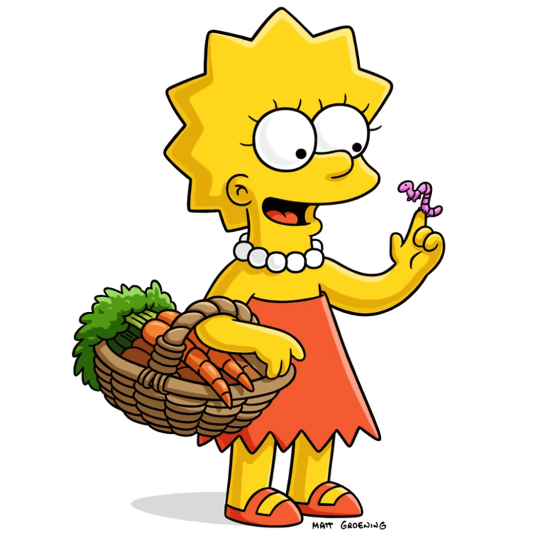 Lisa Simpson, el querido personaje de Los Simpson, en una pose alegre de cuerpo entero. Lisa sonríe mientras sostiene una cesta llena de zanahorias en una mano, mostrando su amor por la naturaleza y su compromiso con una alimentación saludable. En su otra mano, sostiene con ternura a un encantador gusanito, revelando su fascinación por la vida y la conexión con la fauna. La expresión de felicidad en el rostro de Lisa al ver al gusanito muestra su sensibilidad y aprecio por el mundo que la rodea.