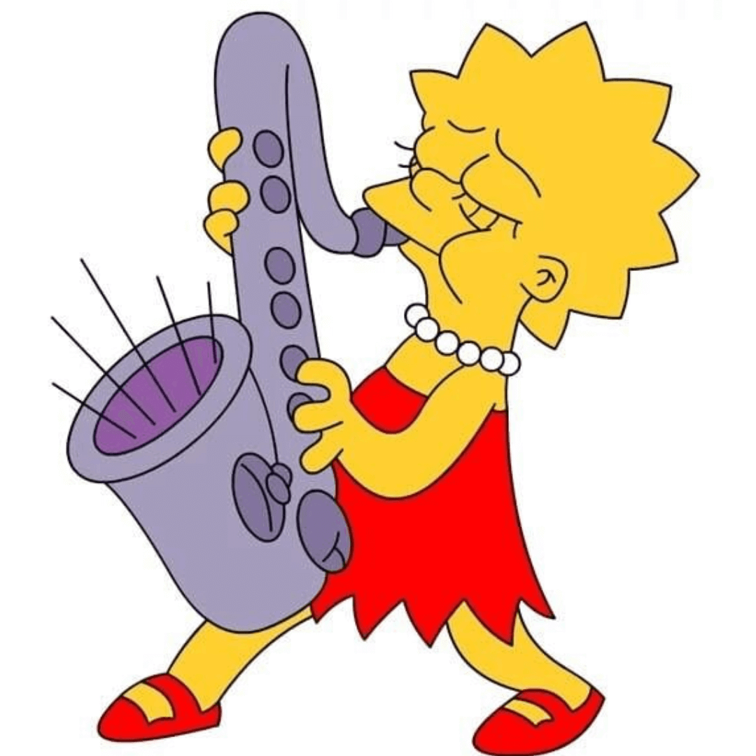 Lisa Simpson de perfil, se muestra de cuerpo entero tocando apasionadamente su instrumento favorito, el saxofón.