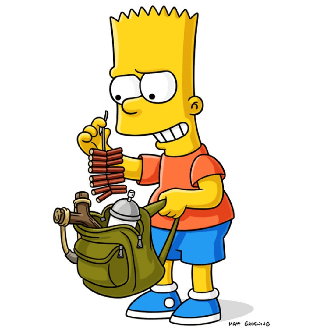 Imagen de Bart Simpson, en una pose de cuerpo entero. Bart sostiene su característica mochila en sus manos, mostrando su espíritu aventurero y rebelde. En su mochila, lleva un aerosol y una gomera, herramientas que simbolizan su afán por la travesura y la diversión. 