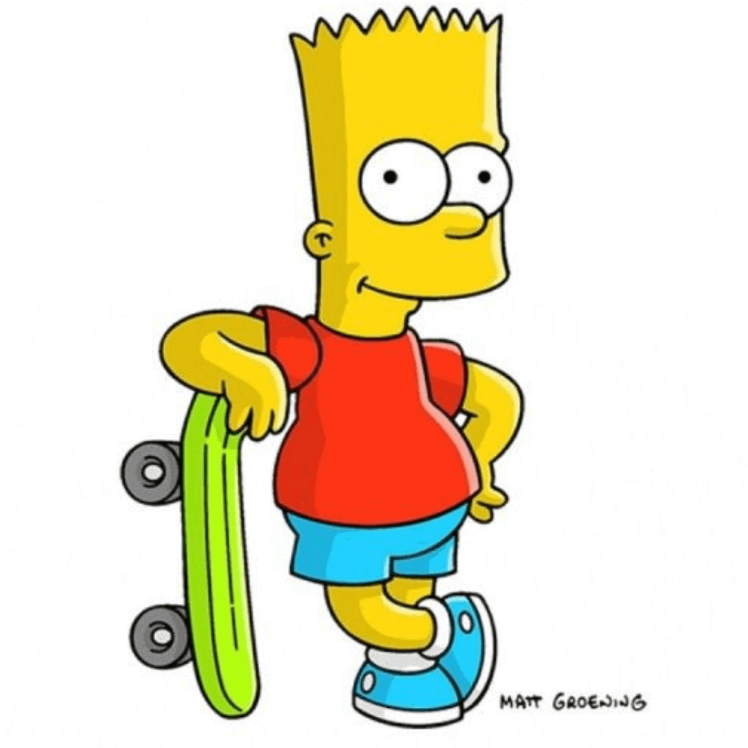 Imagen de Bart Simpson, de cuerpo entero. Bart se encuentra apoyado sobre su patineta, mostrando su destreza y pasión por la aventura urbana. Con una mano en el bolsillo, transmite una actitud relajada y segura de sí mismo. Esta imagen captura la esencia juvenil y rebelde de Bart, representando su amor por el skateboarding y su deseo de explorar el mundo que lo rodea.