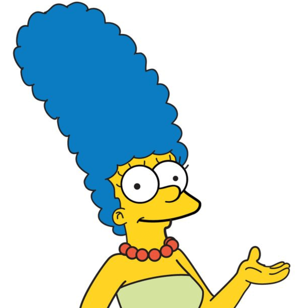 Marge Simpson, se muestra desde el torso hacia arriba. Tiene una expresión sonriente y levanta una mano con la palma abierta, como si estuviera mostrando algo. Esta imagen transmite una sensación de alegría y sugiere que hay información adicional disponible en la tarjeta relacionada.