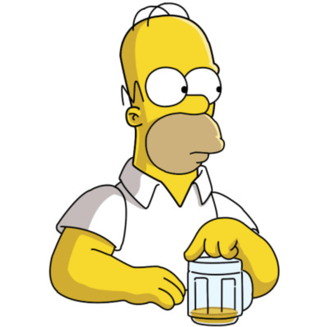 Imagen de Homero Simpson, sentado y mirando hacia el lado derecho con una expresión relajada. Homero sostiene en su mano un vaso de cerveza, uno de sus placeres favoritos. Su postura y actitud reflejan su momento de descanso y disfrute mientras se deleita con su bebida preferida.