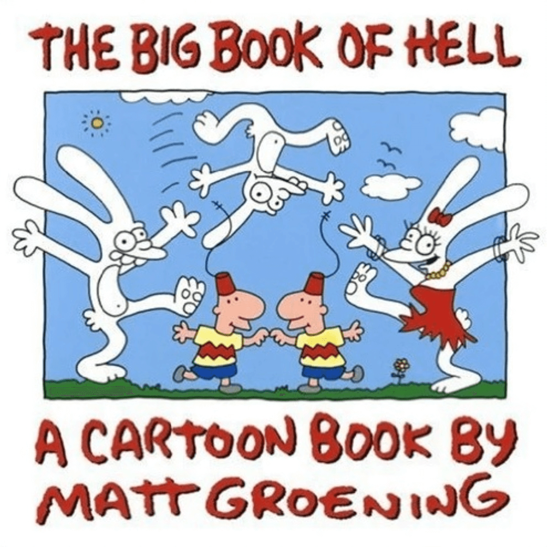 Ilustración de 'La vida en el infierno', la famosa historieta de Matt Groening. En el parque, se ven varios personajes caricaturescos, incluyendo tres conejos con expresiones vivaces y dos niños idénticos. El parque presenta un amplio cielo celeste con nubes, césped verde y un ambiente animado y divertido. La ilustración refleja el estilo distintivo de Matt Groening y captura el espíritu juguetón y humorístico de 'La vida en el infierno'.